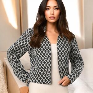 Ellen Tracy Black and White Diamond Print Open Front Blazer Size 8